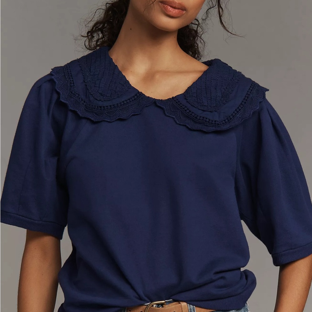 Maeve Short-Sleeve Embellished-Collar Top